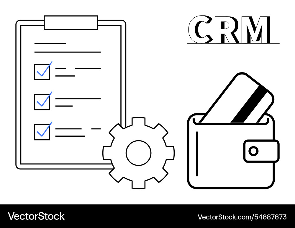 Crm setup with checklist gear wallet and credit Crm setup with checklist gear wallet and credit vector image