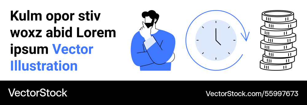 Thoughtful man clock and coin stack representing Vector Image