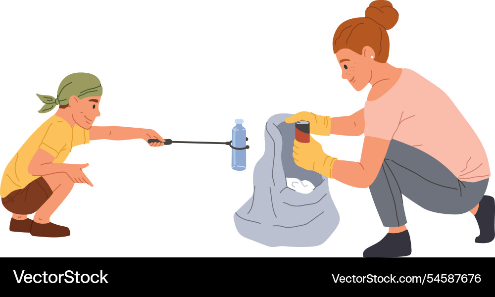 Volunteers collecting garbage using grabber tools Volunteers collecting garbage using grabber tools vector image