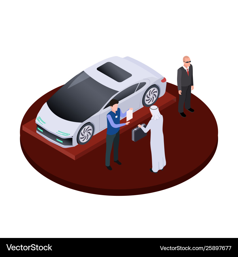 Isometric arab man buys modern electric car Isometric arab man buys modern electric car vector image