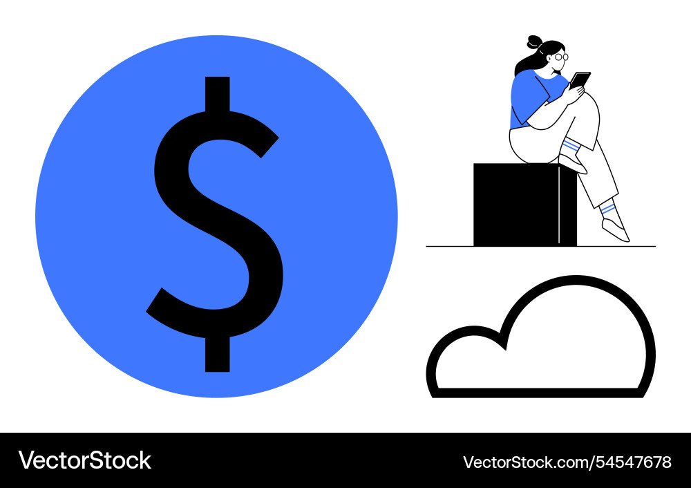 Woman sitting on box using tablet near large Vector Image