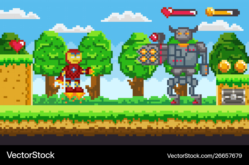 Pixel 8 bit game robot and cyborg monster Pixel 8 bit game robot and cyborg monster vector image