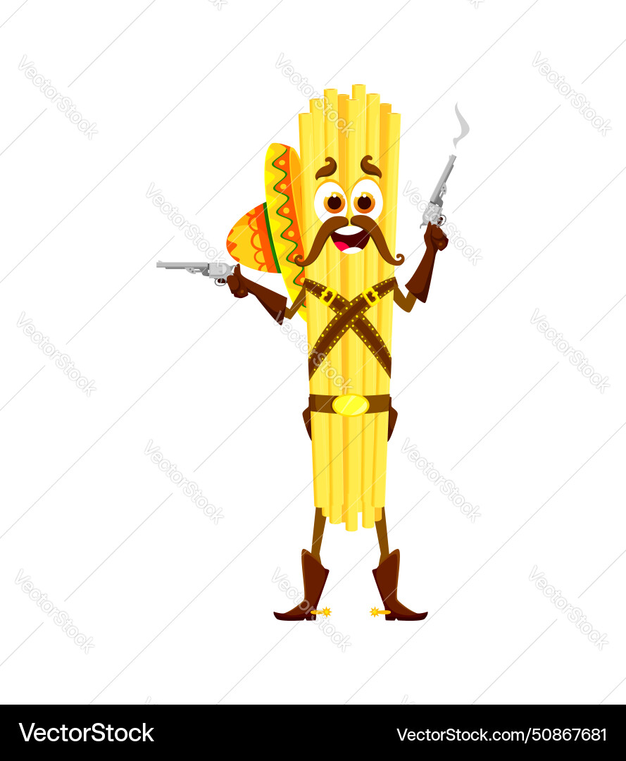 Cartoon italian pasta cowboy with guns and hat Cartoon italian pasta cowboy with guns and hat vector image