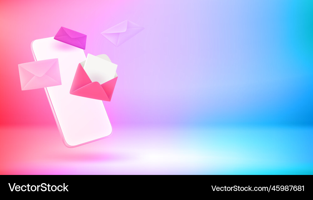 Sending mail via mobile phone 3d banner with copy vector image