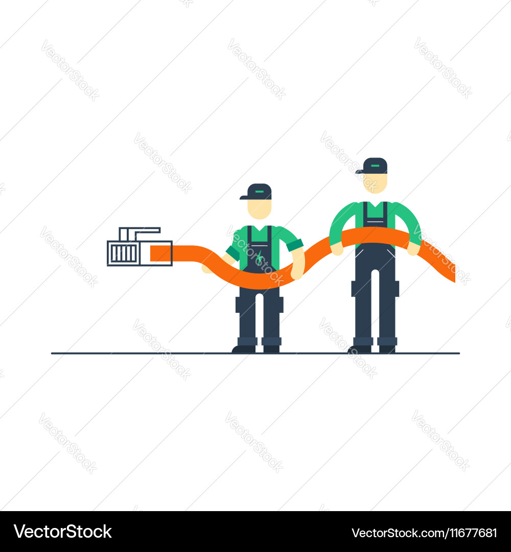 Workers with cable connecting to internet Vector Image