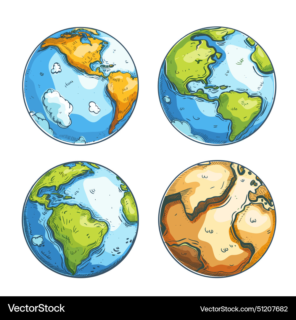 Four colorful handdrawn earth Four colorful handdrawn earth vector image