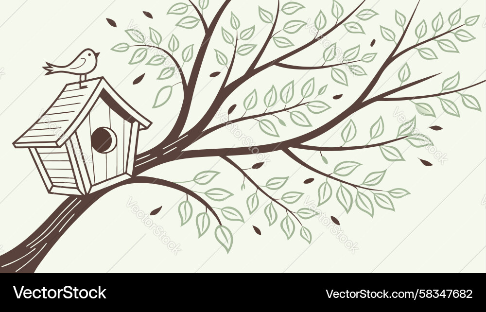 Spring Tree with Birdhouse Sketch Vector Image