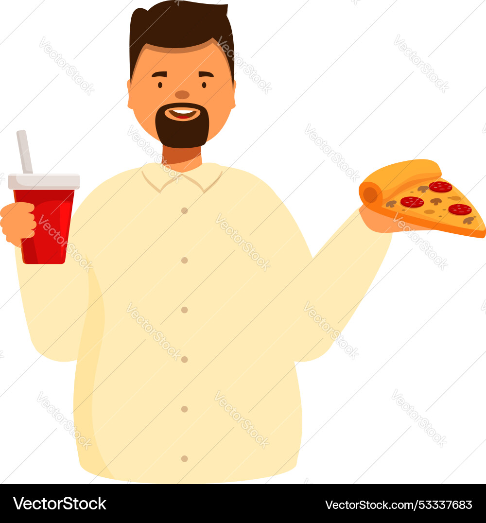 Bearded man holding pizza slice and soda glass Bearded man holding pizza slice and soda glass vector image