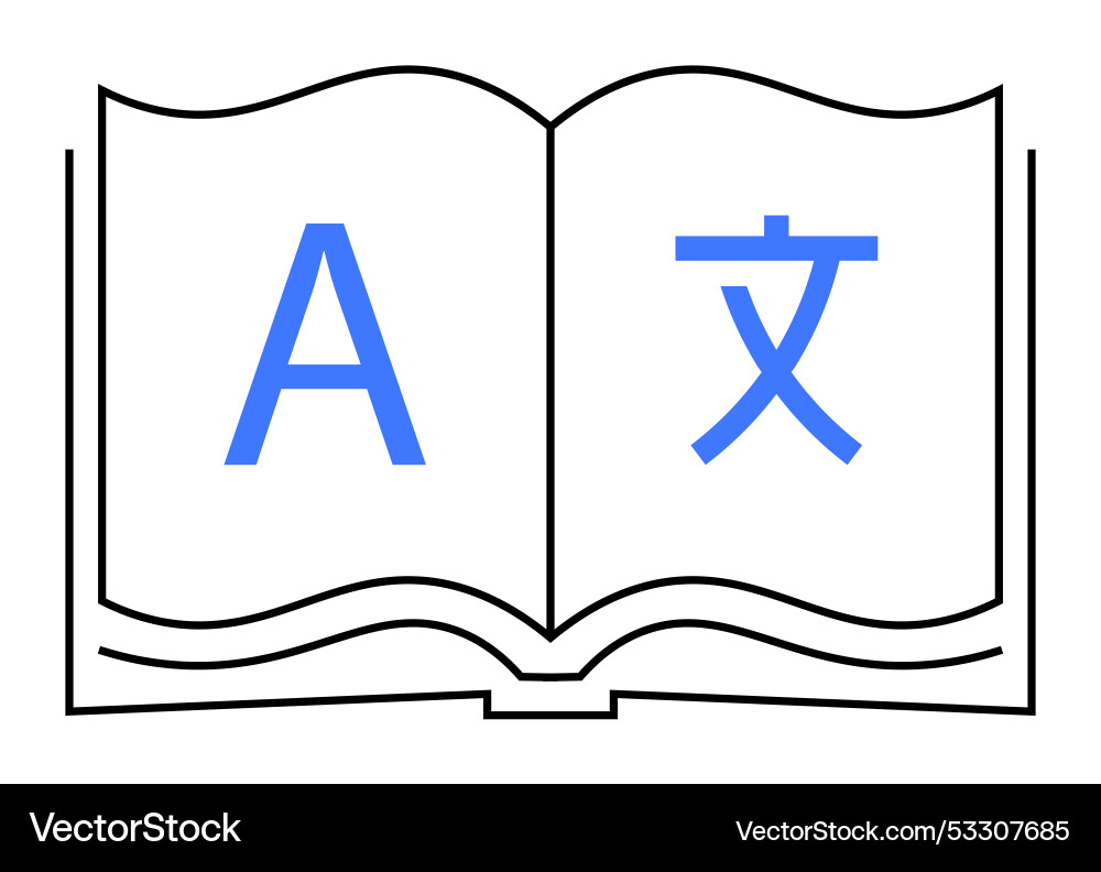Open book with language symbols representing Open book with language symbols representing Vector Image