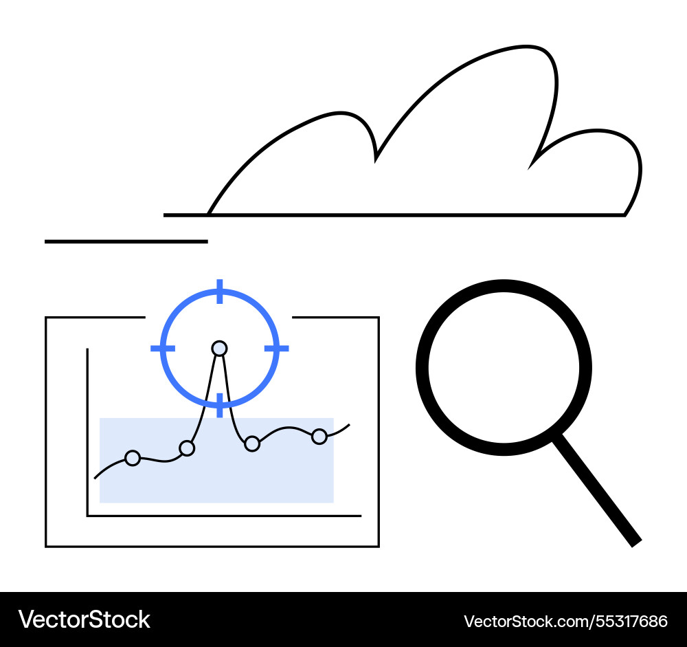 Cloud data analysis with magnifying glass and line Cloud data analysis with magnifying glass and line vector image