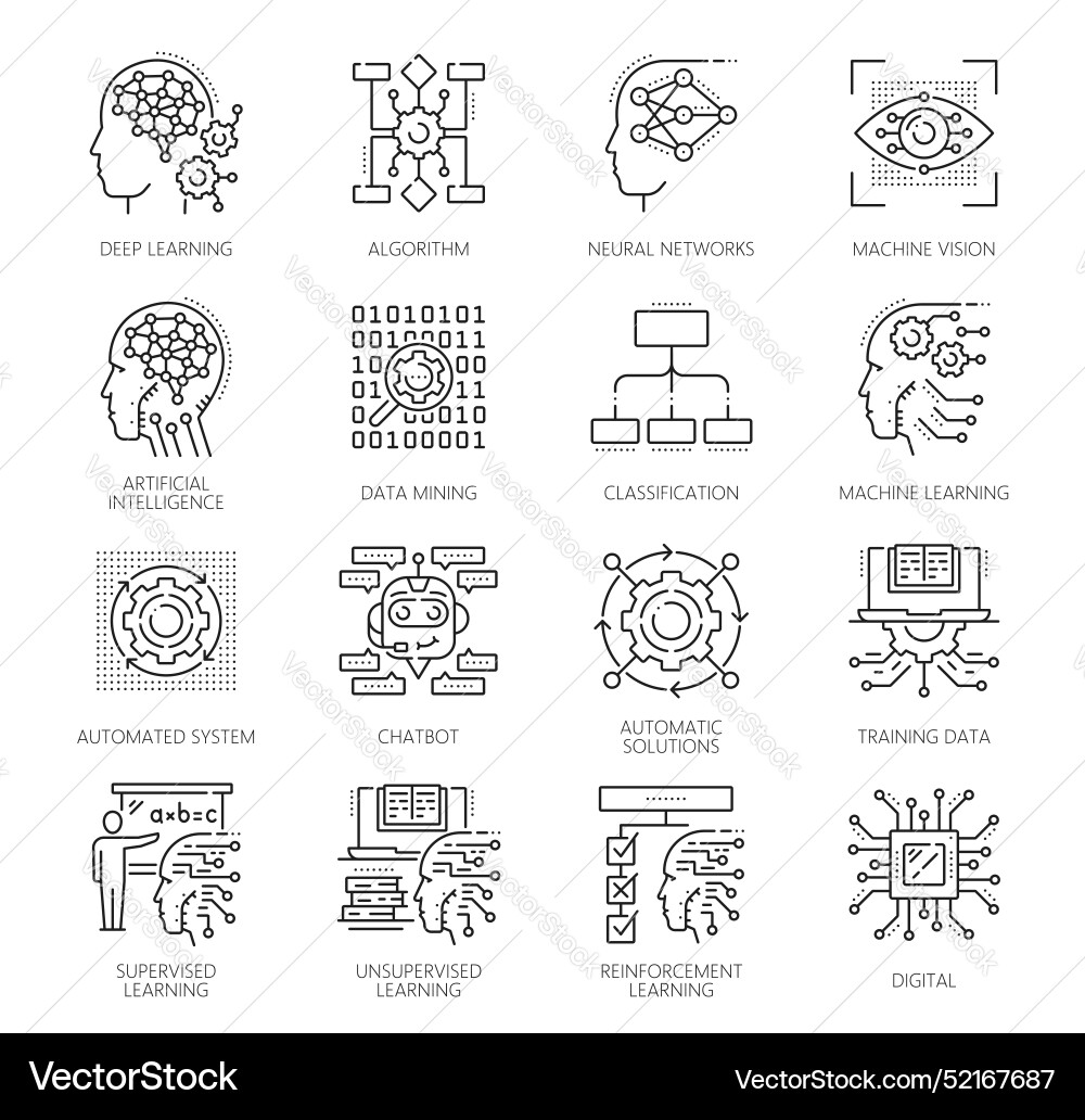 Machine learning ai artificial intelligence icons Machine learning ai artificial intelligence icons vector image