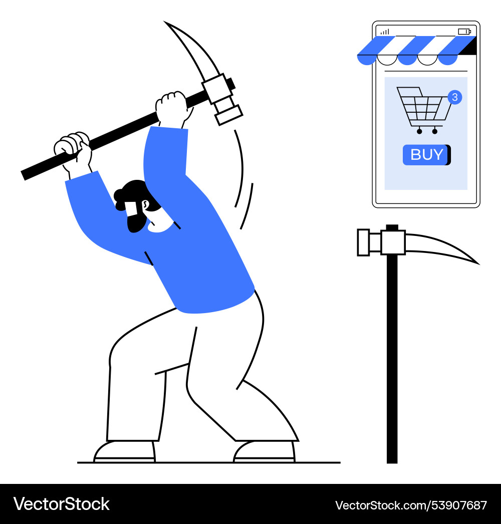 Man mining with a pickaxe in e-commerce context vector image