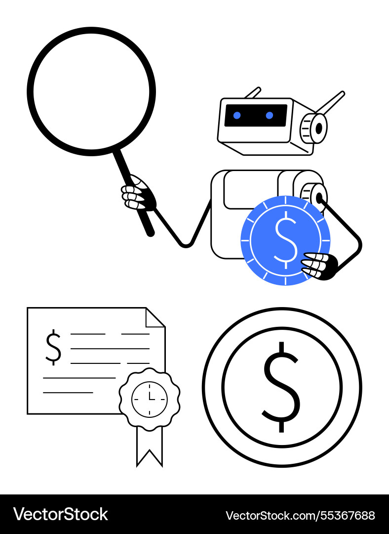 Robot with magnifying glass and coin investigating Robot with magnifying glass and coin investigating vector image