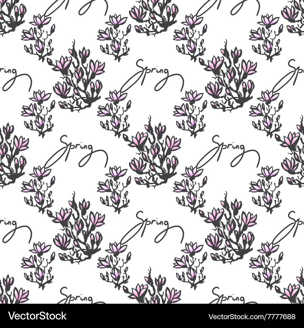 Seamless pattern with twig magnolia and lettering Vector Image