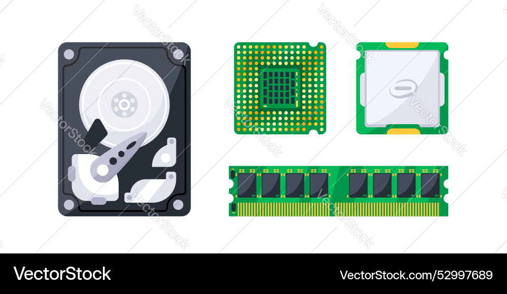 Essential computer hardware components laying Essential computer hardware components laying vector image