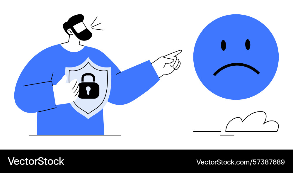 Man with shield symbolizing security facing a sad Man with shield symbolizing security facing a sad vector image