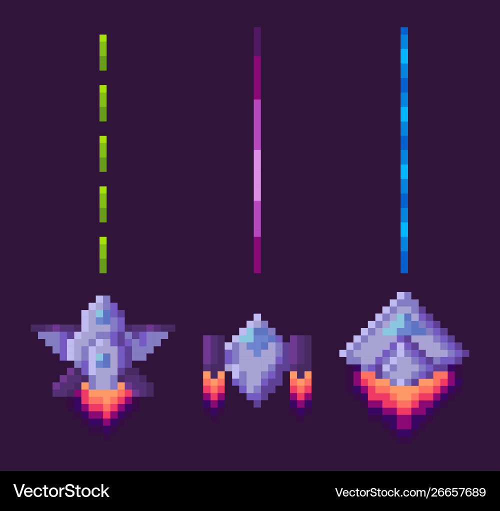 Space pixel game spaceship with lasers weapon Space pixel game spaceship with lasers weapon vector image