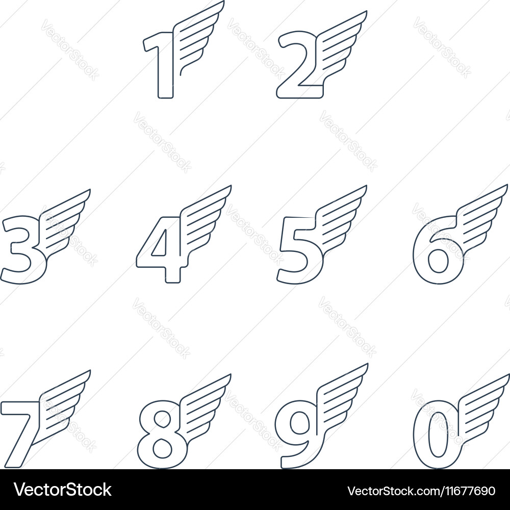 Numbers thin lines set of icons with wings vector image