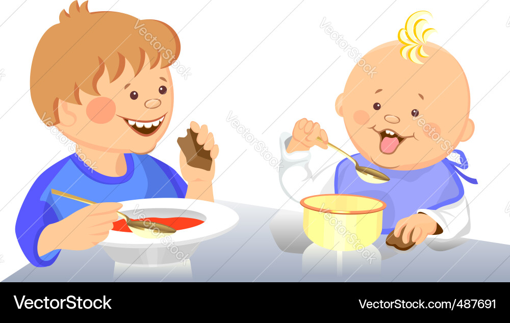 Adorable Kids Essen Suppe Vektorbild