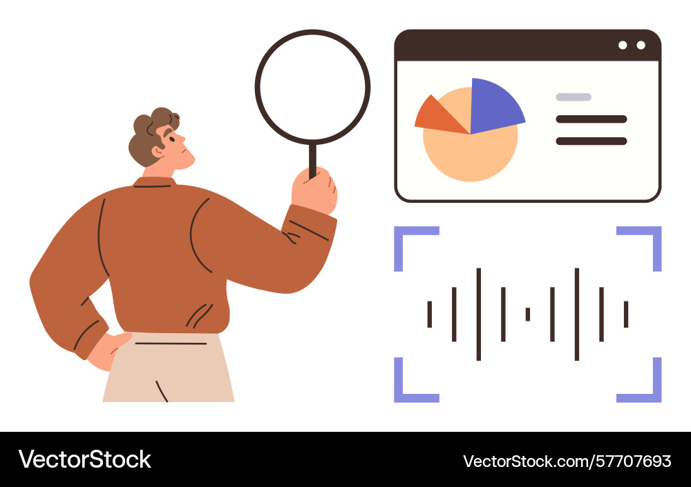 Man analyzing data with magnifying glass pie vector image