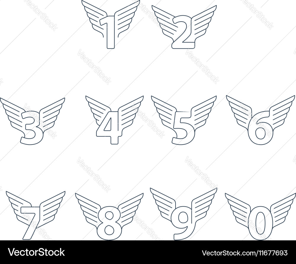 Numbers thin lines set of icons with wings vector image