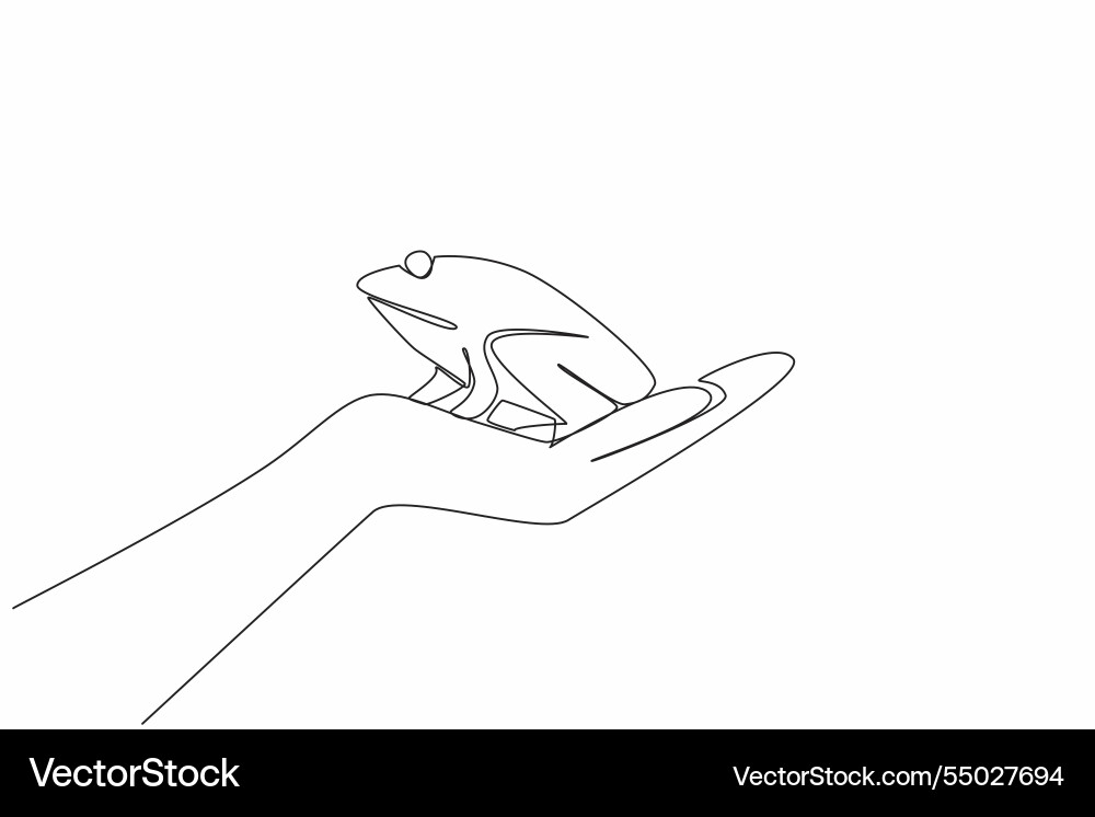 Single continuous line drawing frog on open palm Vector Image