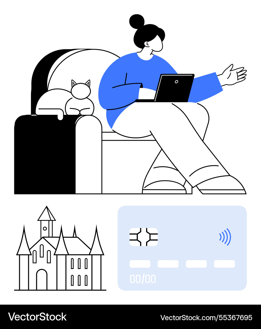 Woman using tablet on armchair with cat nearby Woman using tablet on armchair with cat nearby vector image