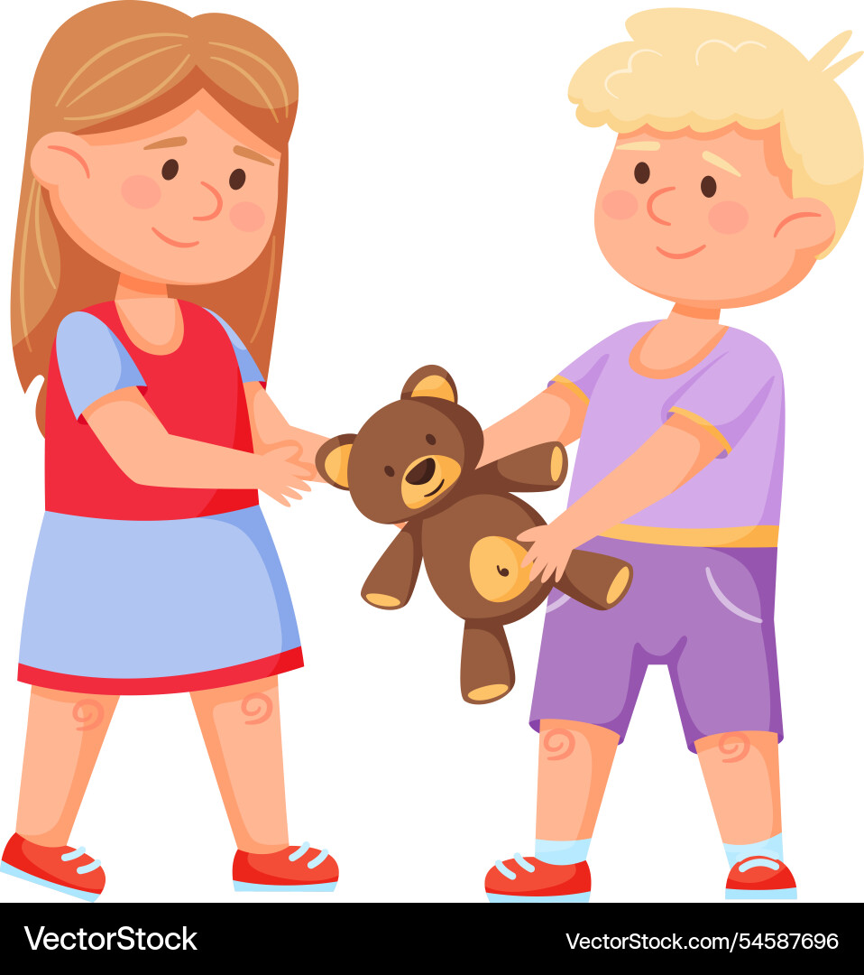 Girl giving her teddy bear to a boy Girl giving her teddy bear to a boy vector image