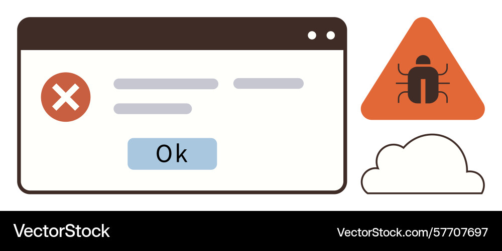 Error message window with alert icon and bug vector image