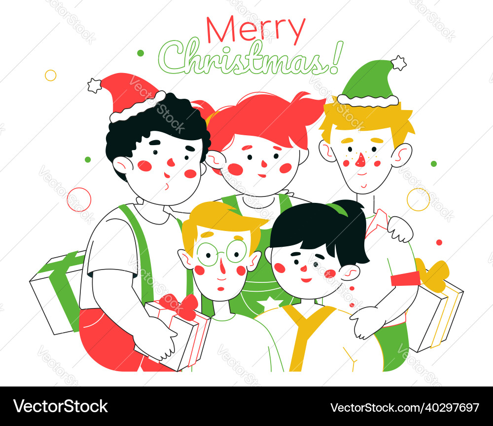 Happy children at christmas party - colorful flat Happy children at christmas party - colorful flat vector image
