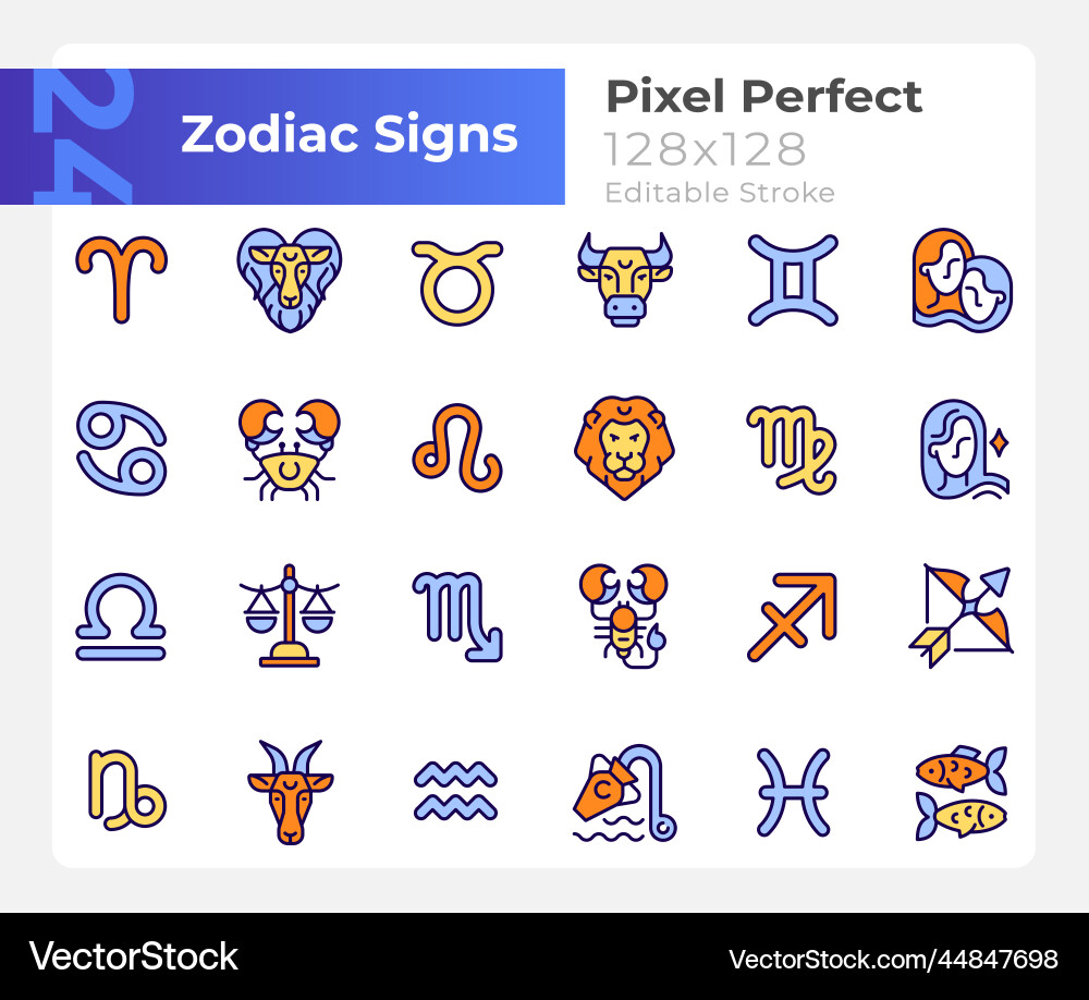 Zodiac signs pixel perfect rgb color big icons set Zodiac signs pixel perfect rgb color big icons set vector image
