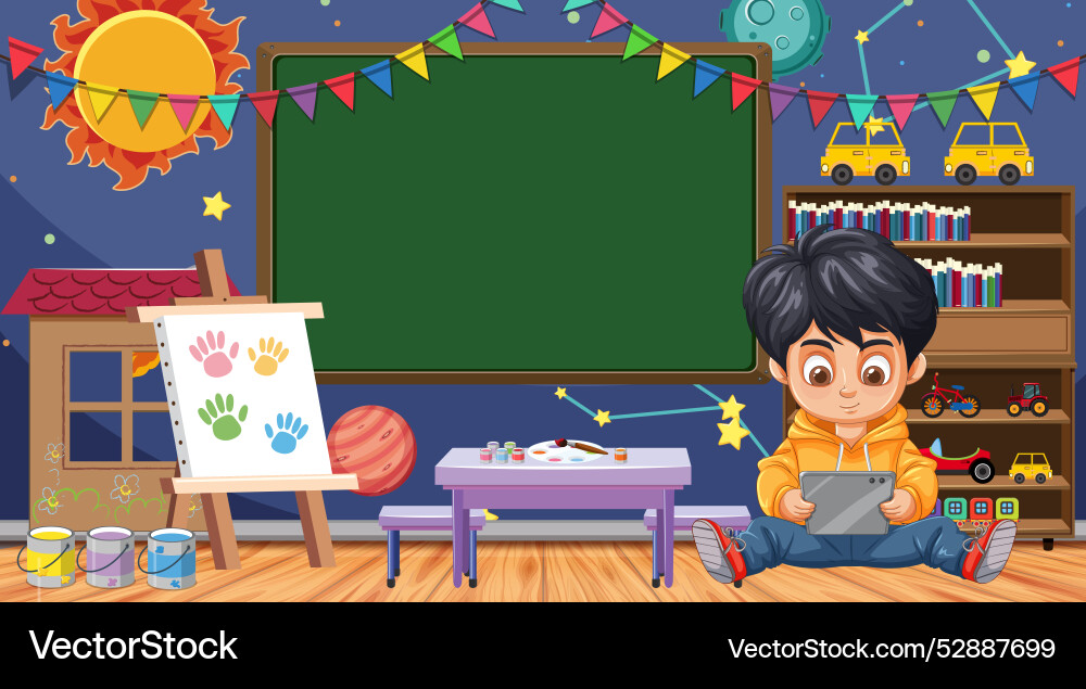 Boy using tablet in colorful classroom setting Boy using tablet in colorful classroom setting Vector Image