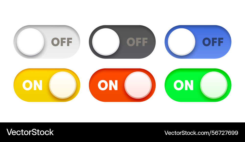 Color set on off switch button ui isolated white Color set on off switch button ui isolated white vector image