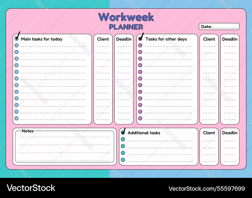 Colorful workweek planner template with task lists Vector Image