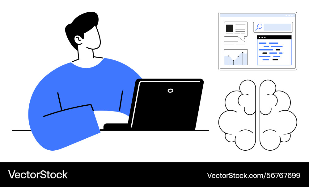 Man working on laptop with analytics and brain Man working on laptop with analytics and brain Vector Image