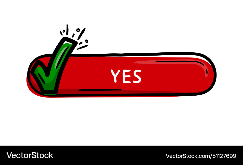Red button with a check mark and the text yes Red button with a check mark and the text yes vector image