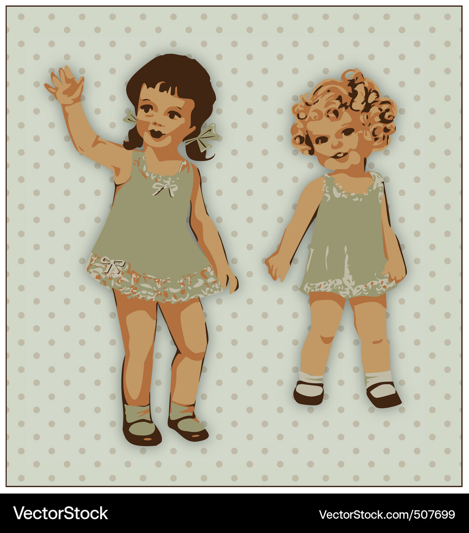 Retro Puppen im Vintage Kleid Vektorbild