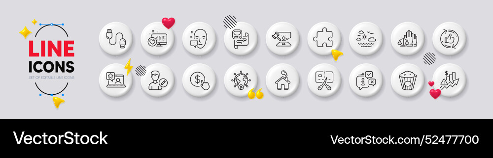 Popcorn judge hammer and puzzle line icons Popcorn judge hammer and puzzle line icons vector image