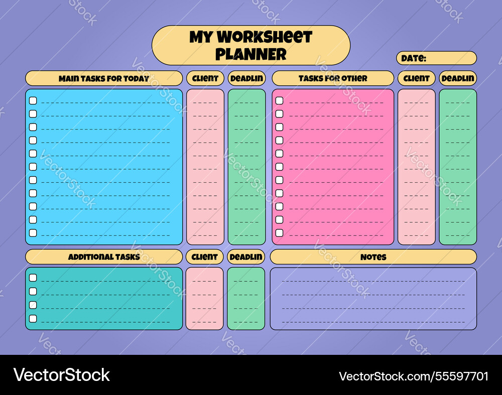 Structured work sheet planner with client and dead Vector Image