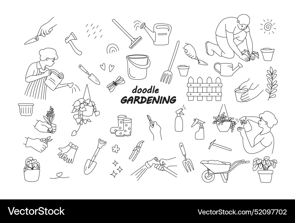 Gardening doodle flower and elements Gardening doodle flower and elements vector image