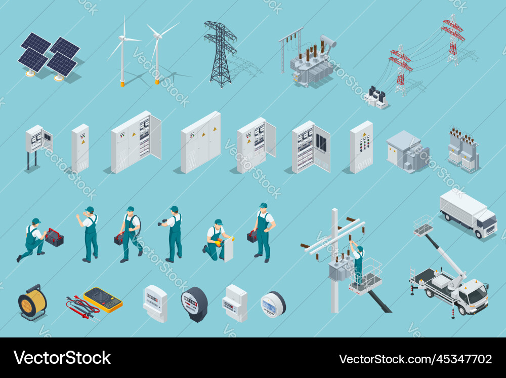 Isometric electricity icons set with solar panels Vector Image