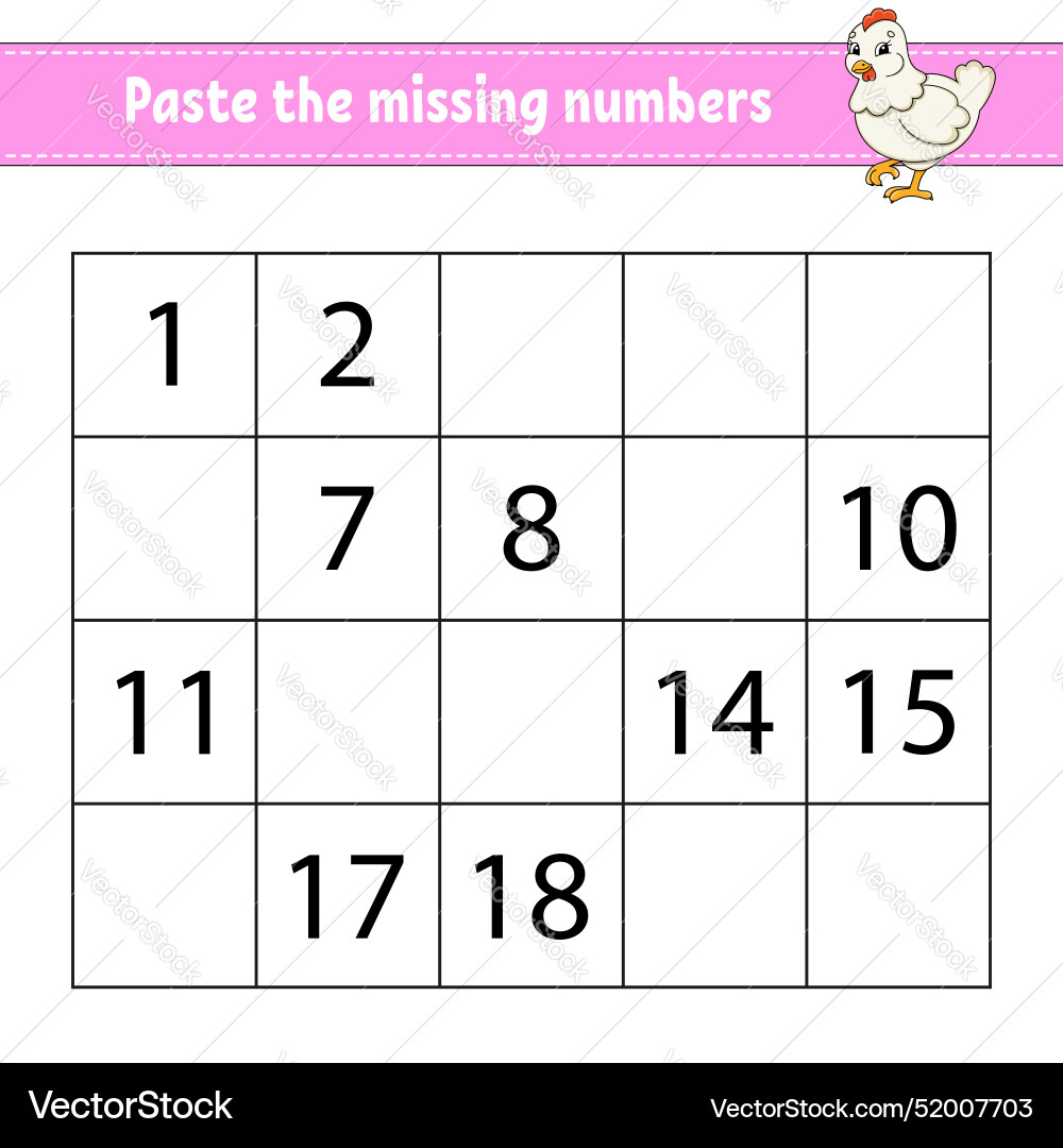 Paste the missing numbers 1-20 game for children vector image