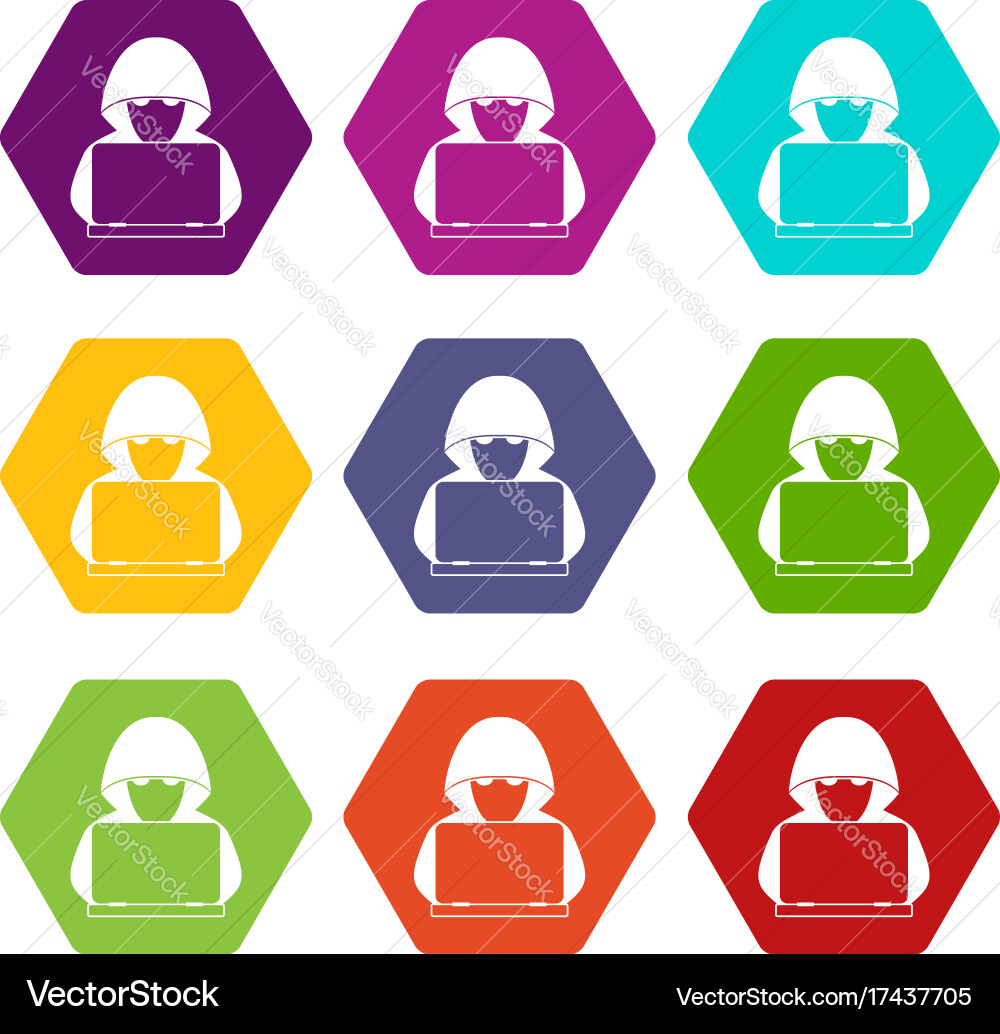 Computer hacker with laptop icon set color Vector Image