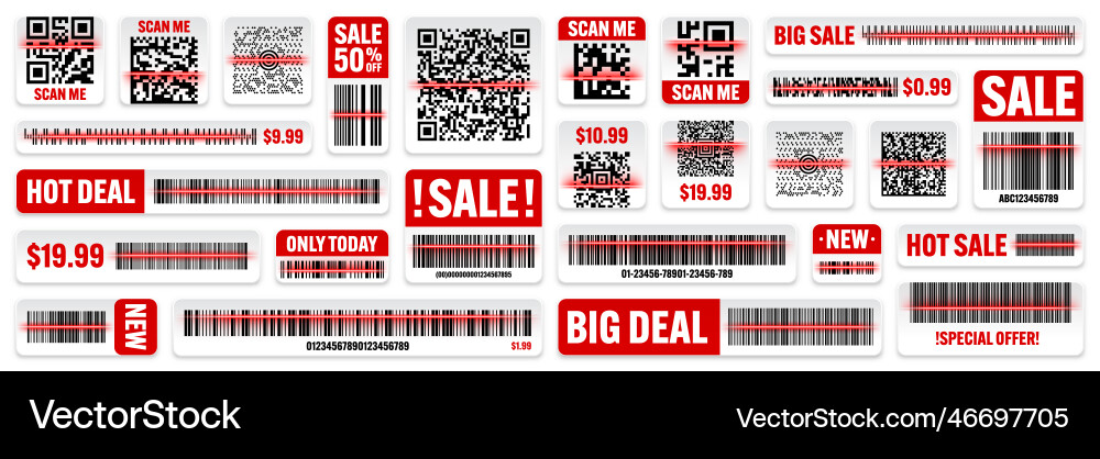 Product barcodes and qr codes with red scanning Product barcodes and qr codes with red scanning vector image