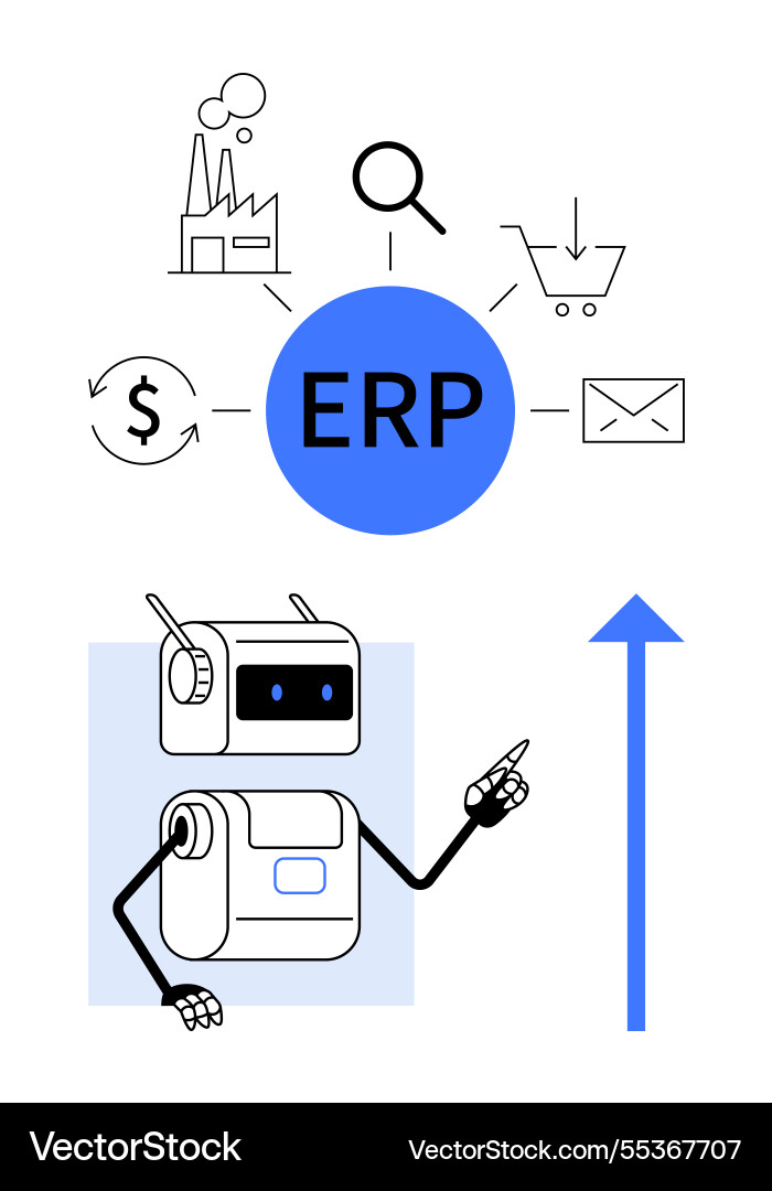 Erp system essentials highlighted by robot Erp system essentials highlighted by robot vector image