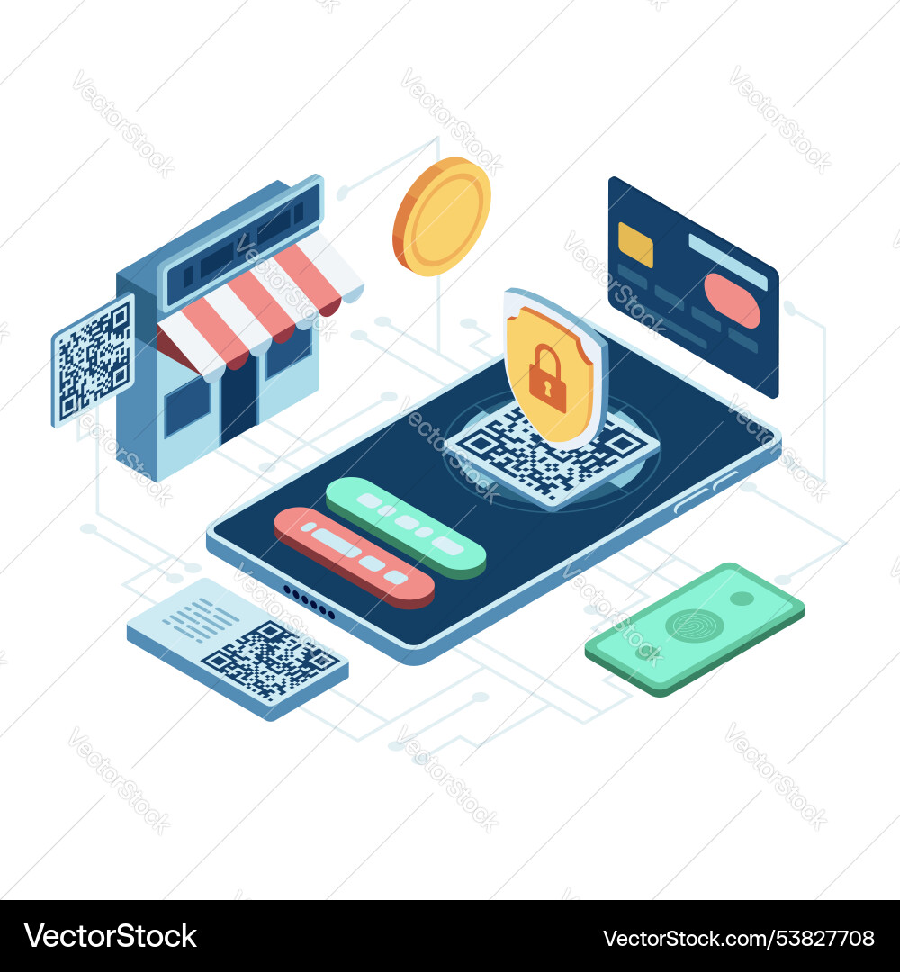 Isometric secure payment methods on smartphone Isometric secure payment methods on smartphone Vector Image