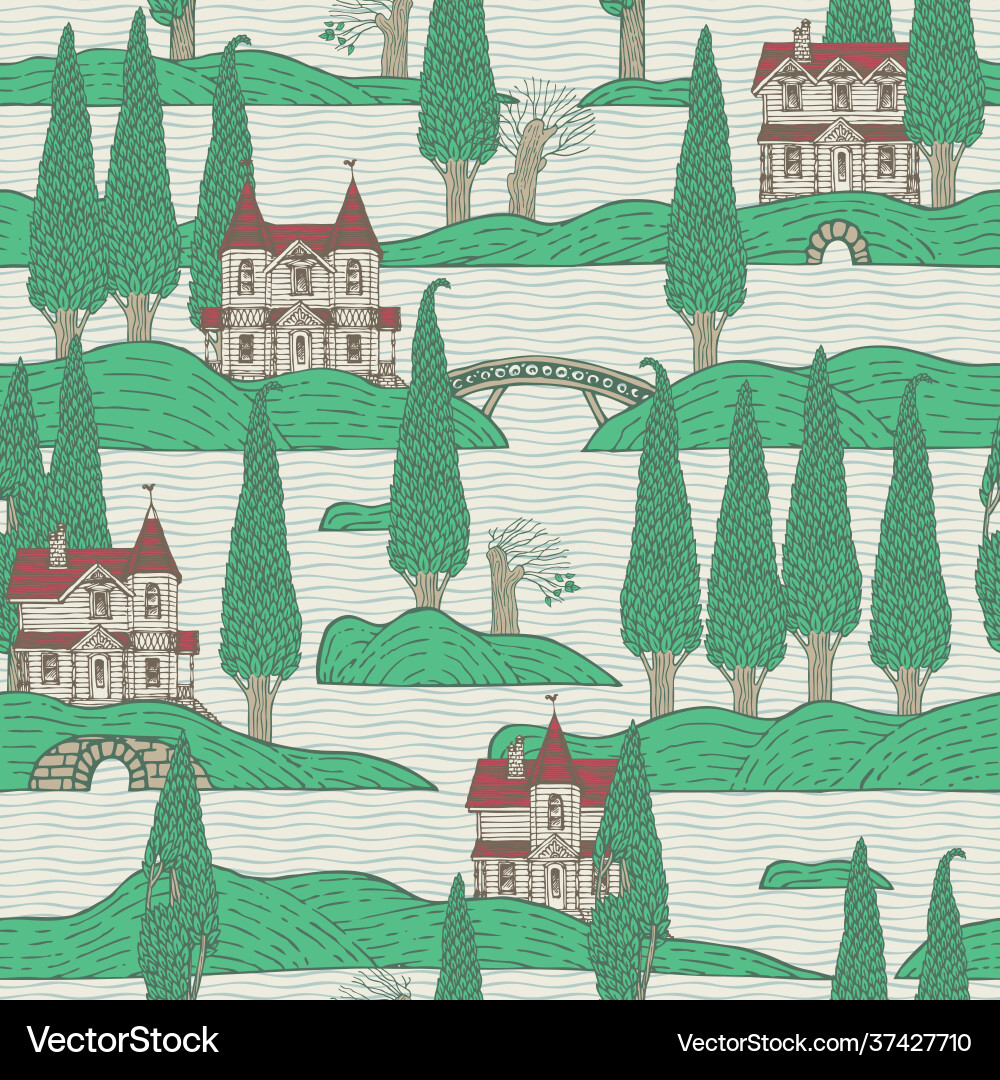 Seamless pattern with houses and trees on islands Seamless pattern with houses and trees on islands vector image
