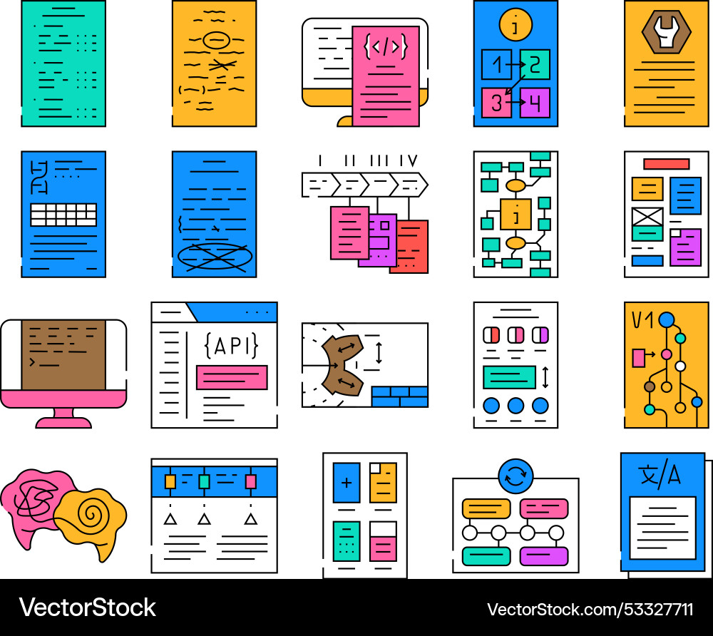 Technical writer document manual icons set Technical writer document manual icons set vector image