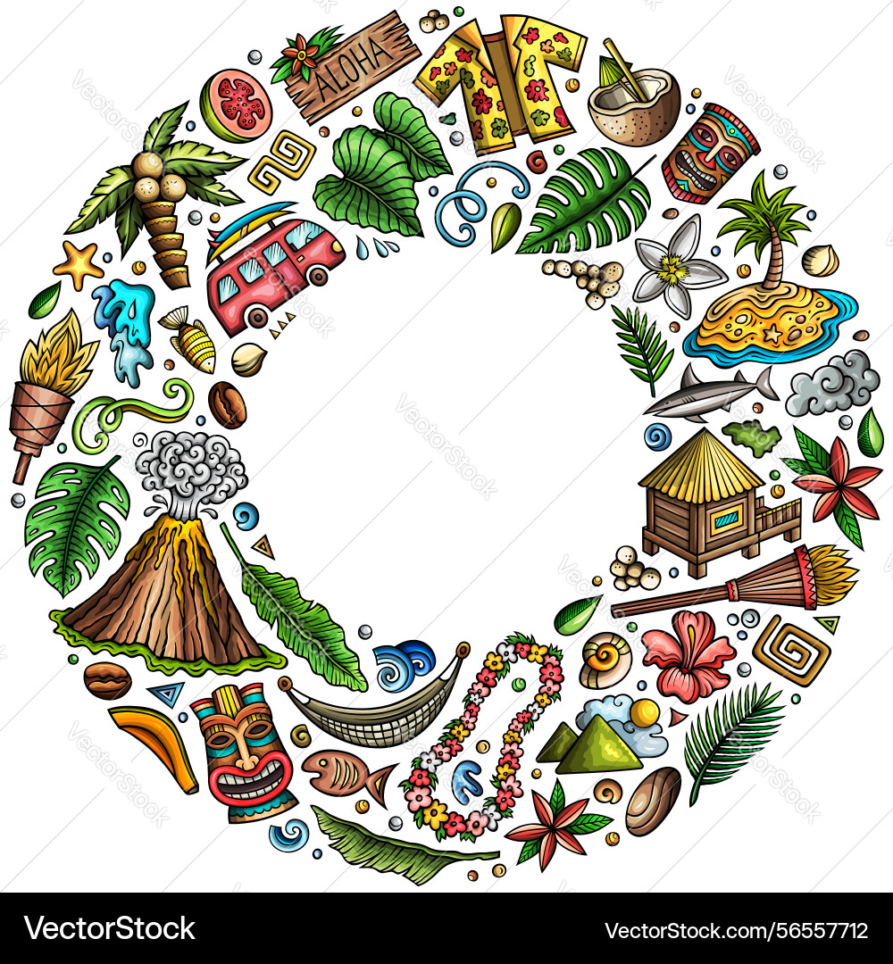 Set of hawaii cartoon doodle objects round frame Set of hawaii cartoon doodle objects round frame vector image