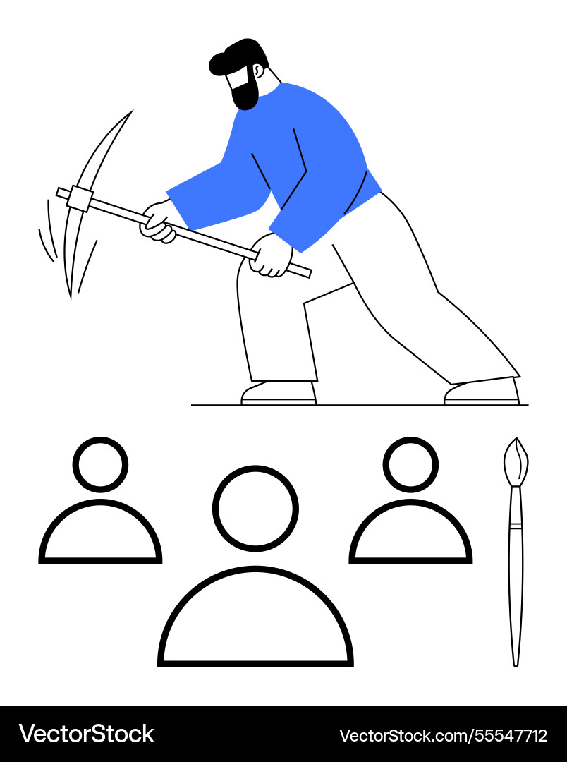 Worker mining with pickaxe beside user icons Worker mining with pickaxe beside user icons vector image